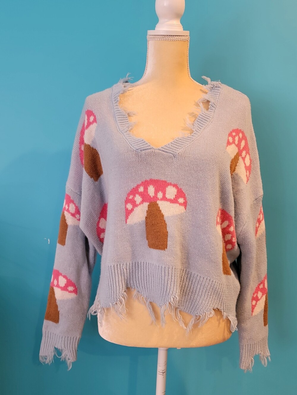 Just Polly Mushroom V-Neck Distressed Sweater Large oversized